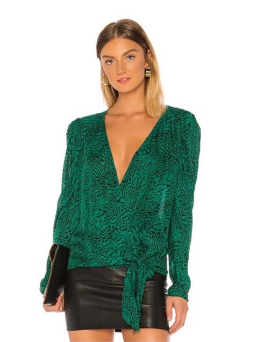Parker Arya Emerald Green Printed V-Neck Tie-Waist Blouse